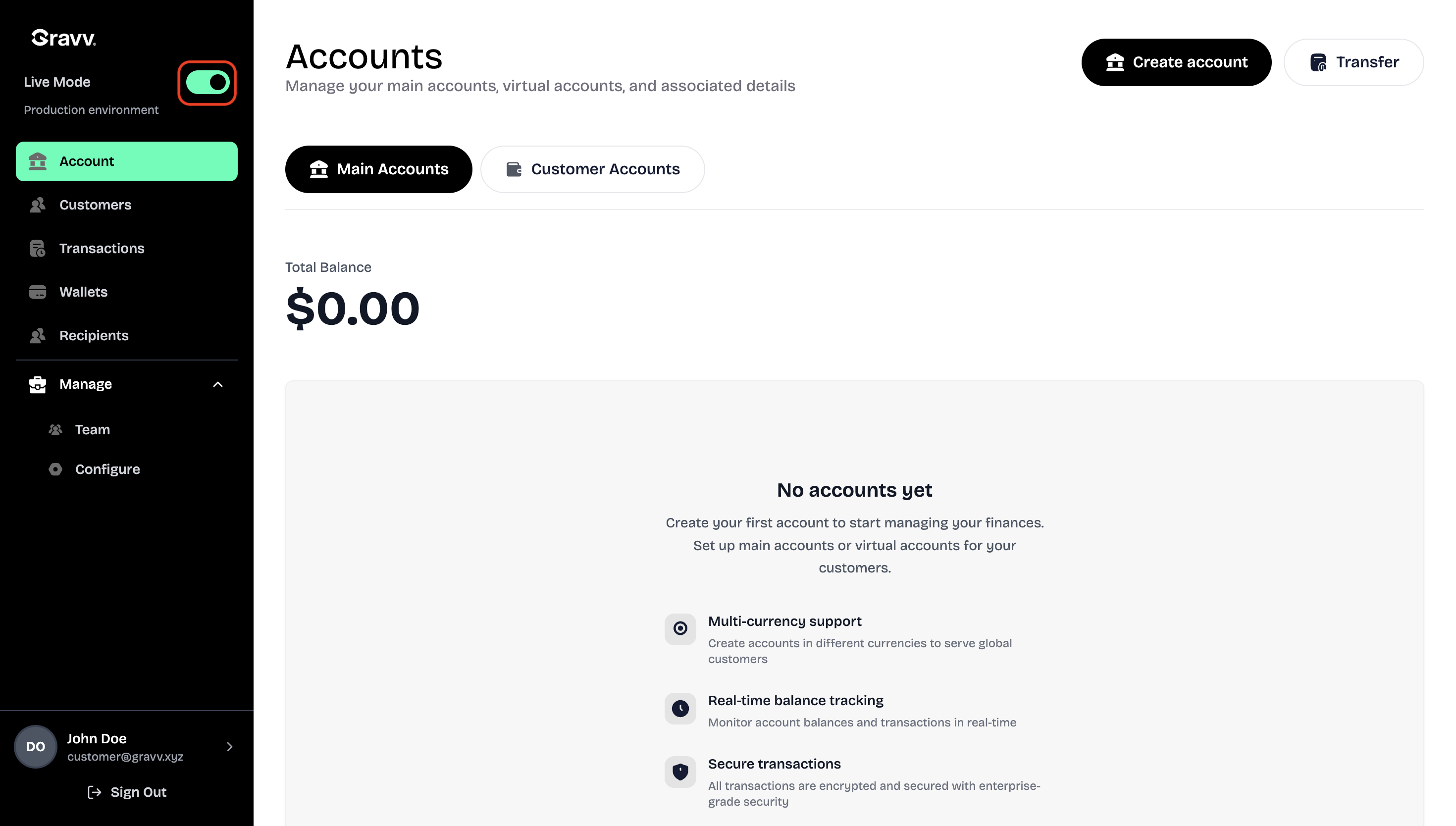 Toggle switch for switching between Live Mode and Sandbox Mode